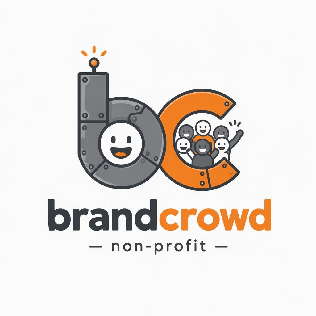Centered lettermark logo for brandcrowd logo in playful cartoon typography, industrial gray and orange on neutral background.