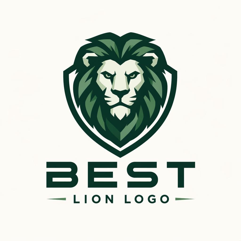 Geometric lion mascot logo in forest green with matching brand name text, centered on a neutral background.
