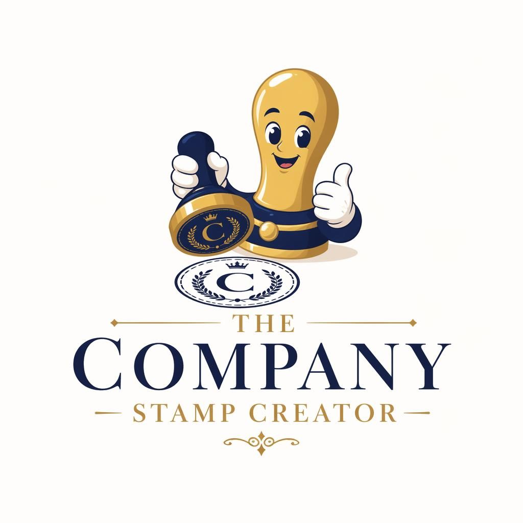 Vector mascot logo for company stamp creator with elegant serif lettering, playful primary colors, centered on neutral background