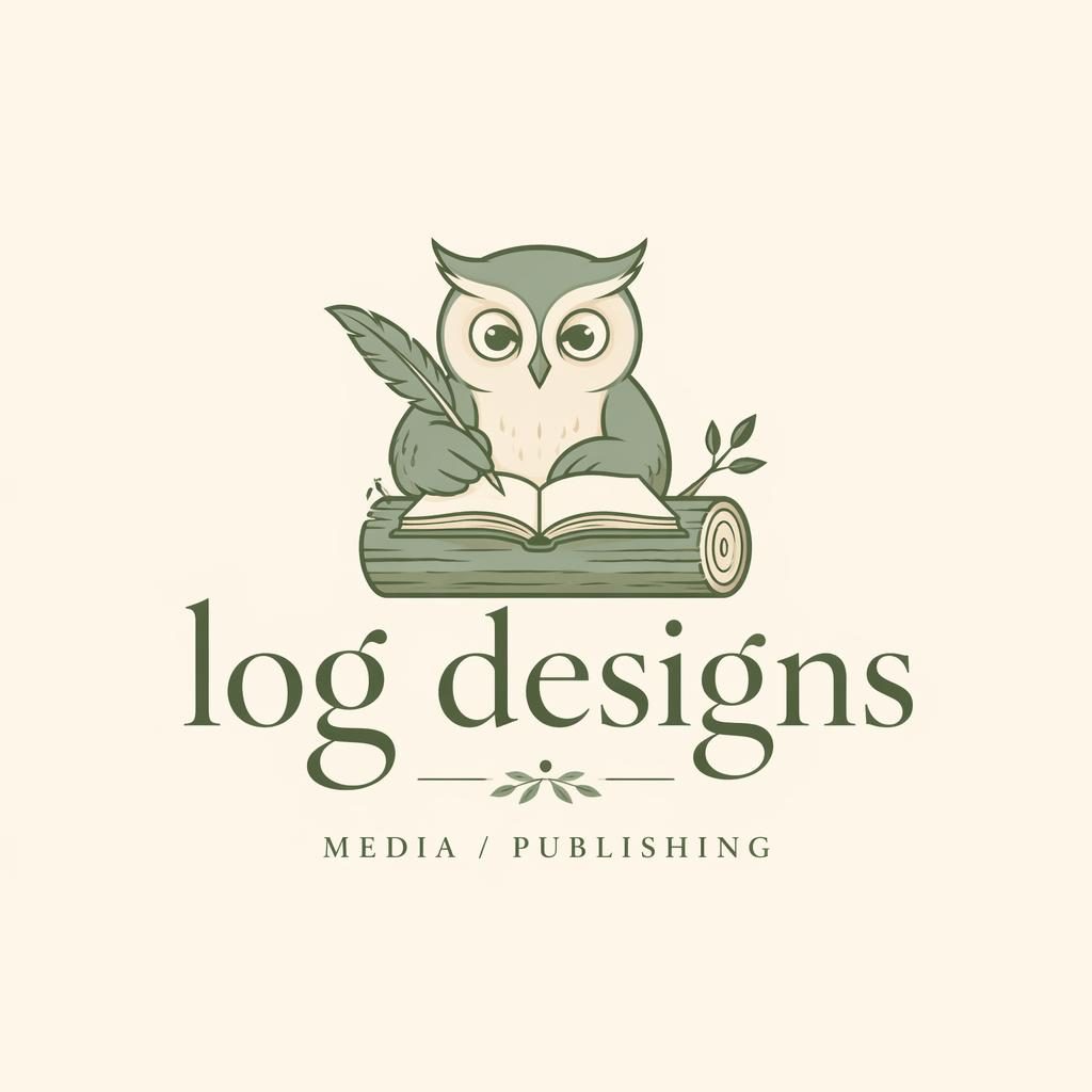 Square mascot logo for log designs with elegant serif lettering in sage and cream on a neutral background.