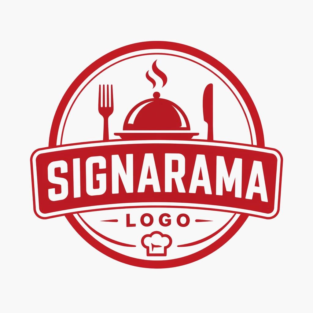 Modern minimalist red and white emblem badge logo for Signarama, centered on a neutral background with clean typography.