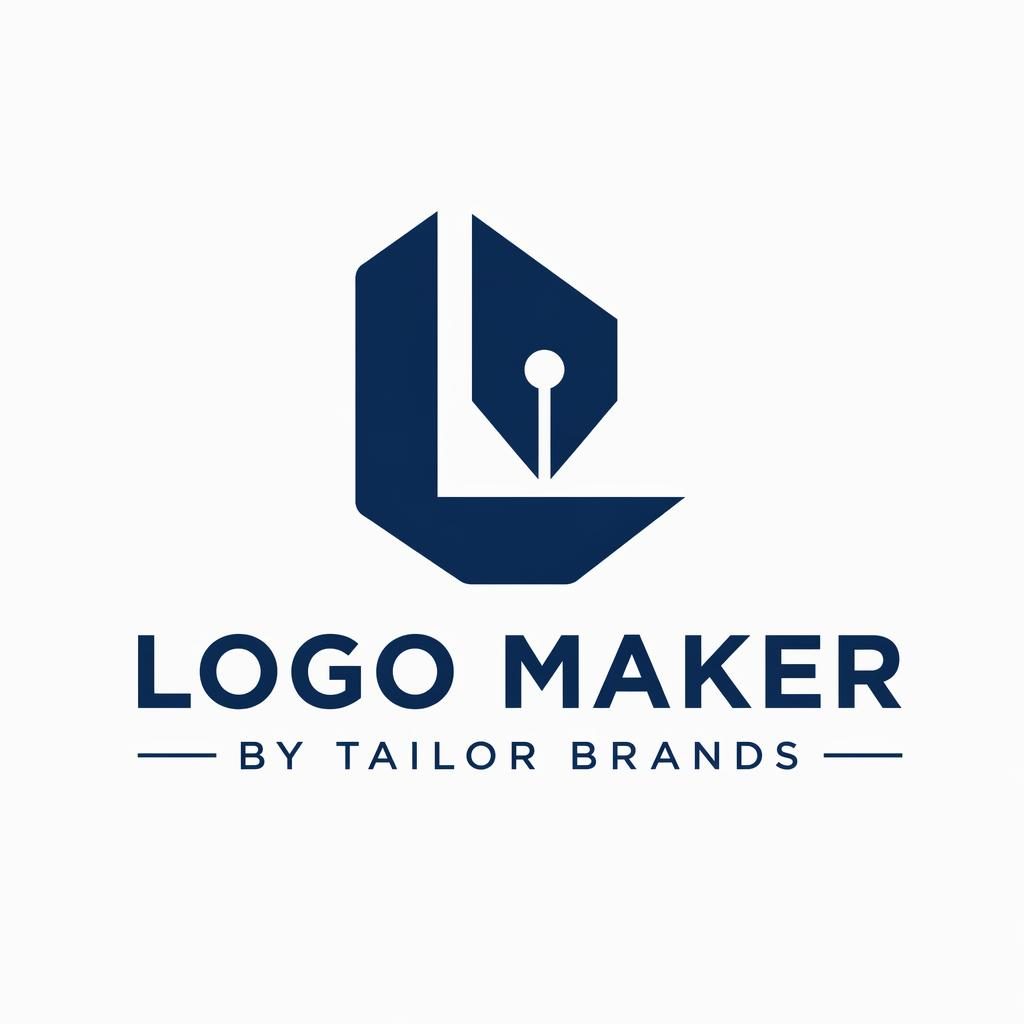 Abstract navy and white industrial-style symbol with matching brand typography, centered on a neutral background.