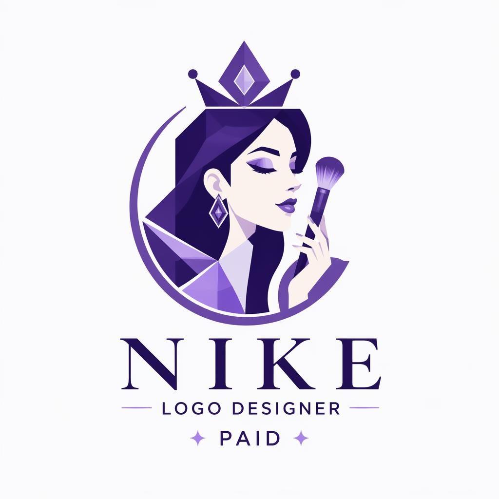 Geometric mascot-style beauty logo in royal purple with matching brand typography, centered on a neutral background.