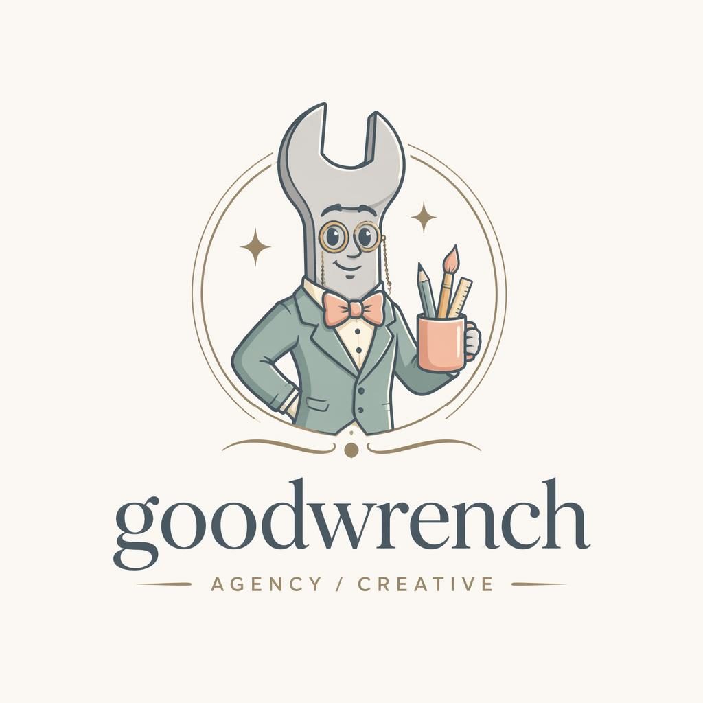 Centered mascot character logo for Goodwrench with elegant serif wordmark, pastel soft palette, and neutral background.