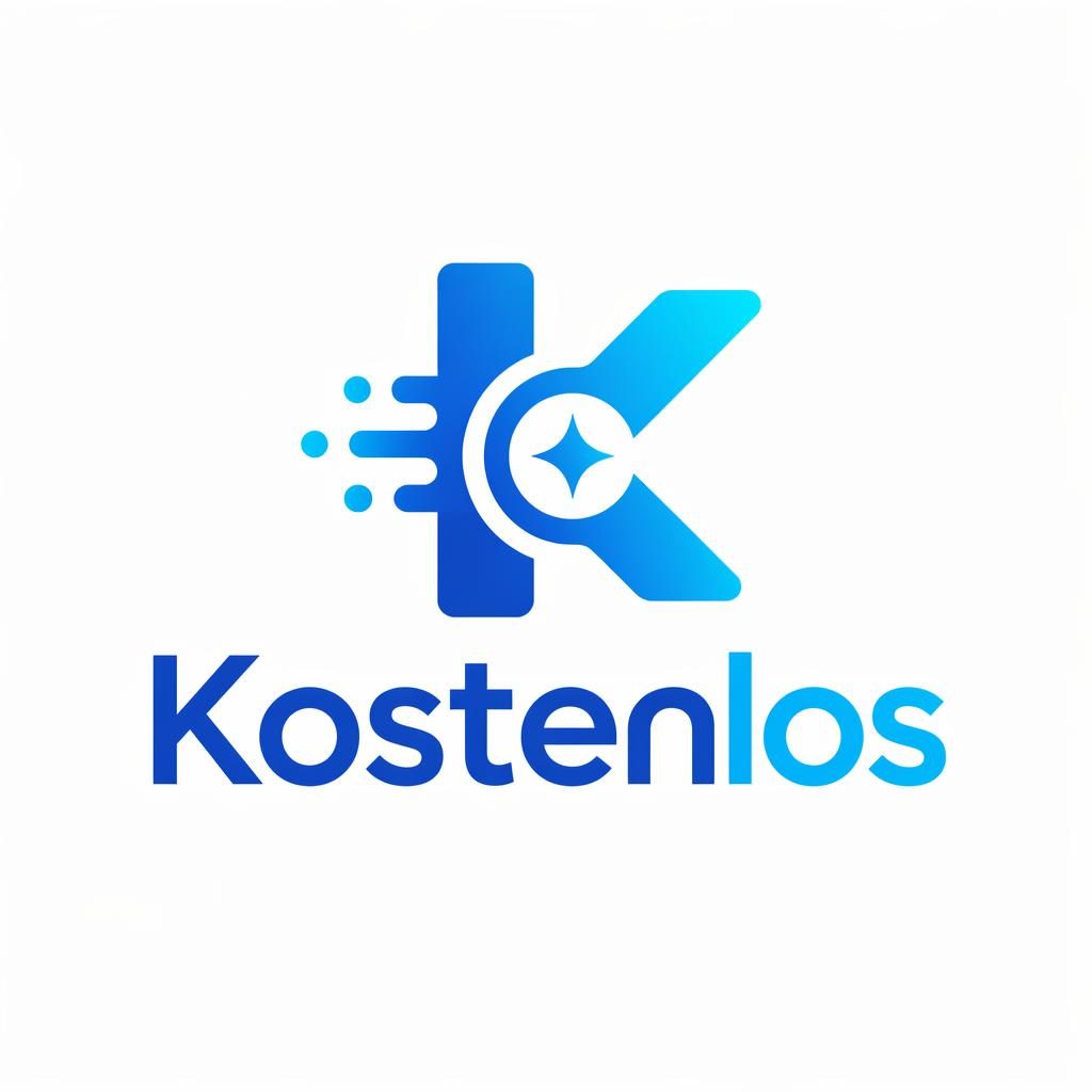 Modernes Logo für Kostenlos mit Wortmarke, abstraktem Icon in Blau und Cyan, zentriert auf neutralem Hintergrund.