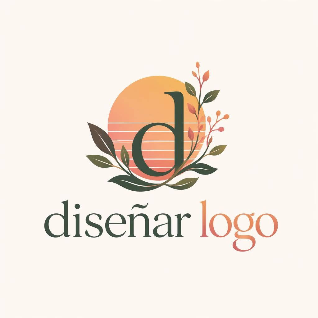Logotipo cuadrado con wordmark e icono botánico ilustrado en degradado atardecer sobre fondo neutro.