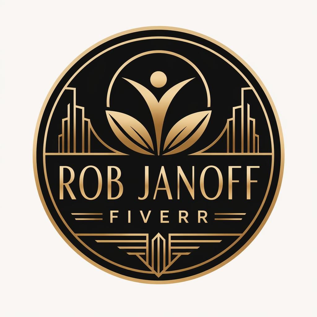 Art deco emblem logo for rob janoff fiverr in black and gold, centered on a neutral background with luxury typography.