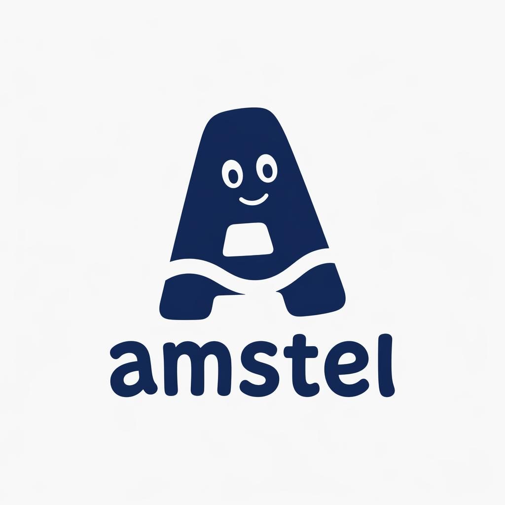 Playful navy and white lettermark logo for amstel on a neutral background, centered in a clean square vector style.