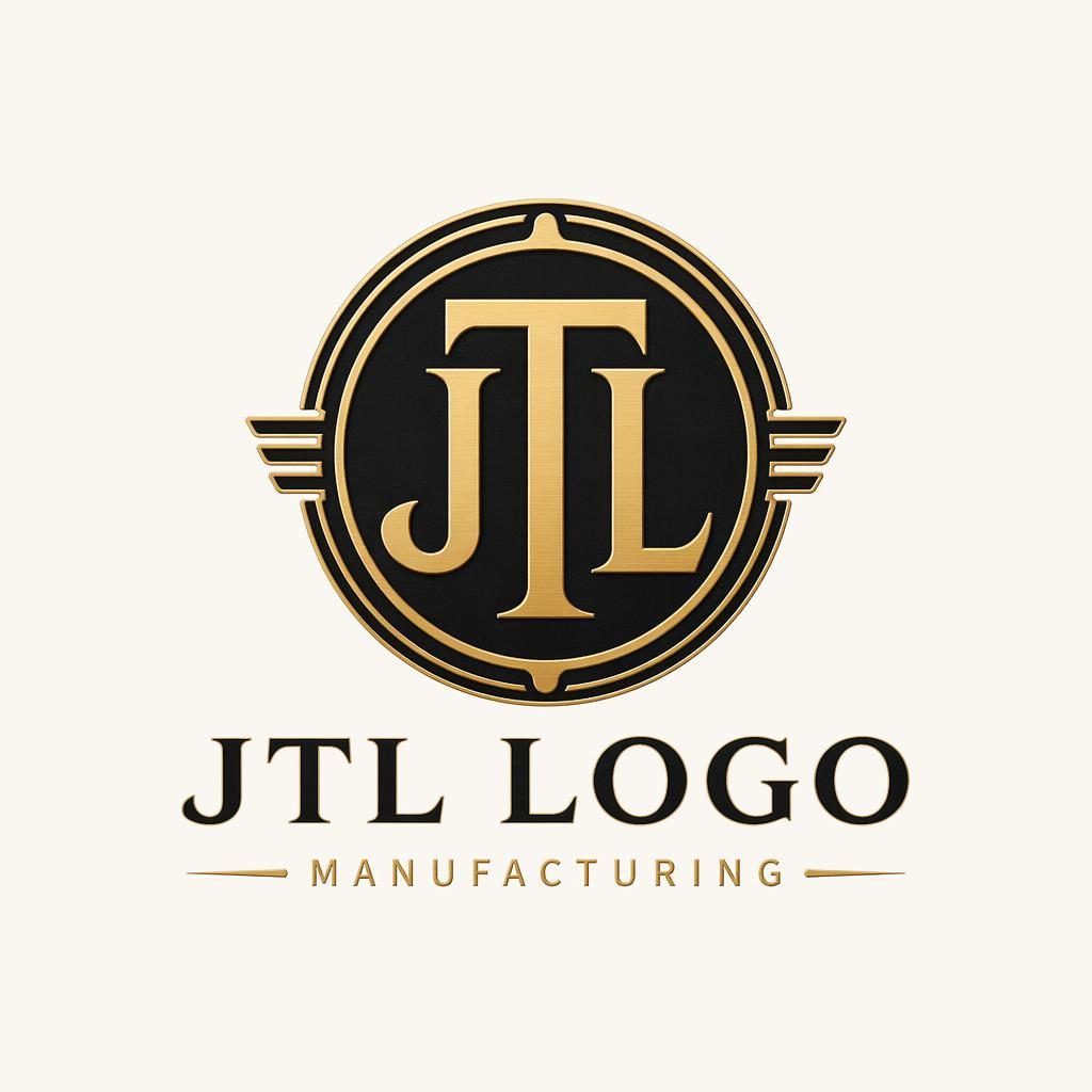 Centered JTL monogram logo in vintage retro style with black and gold colors on a neutral background.