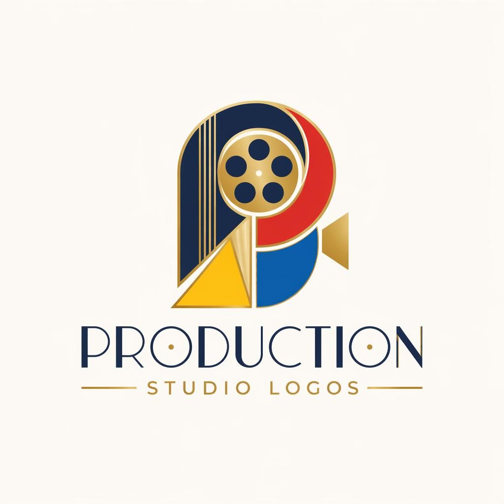 Abstract art deco logo for a production studio, with playful primary colors, centered on a neutral background.