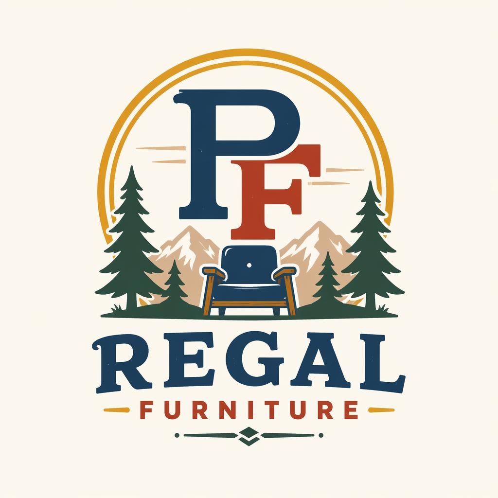 Square vector monogram logo for Regal Furniture with vintage outdoor styling, playful primary colors, centered on neutral background.