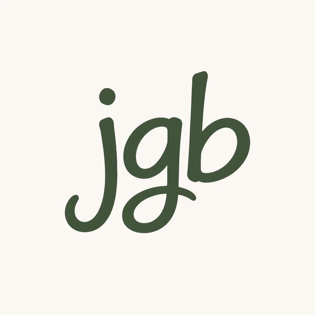 Hand-drawn forest green wordmark logo for jgb centered on a neutral background in a clean square vector style.