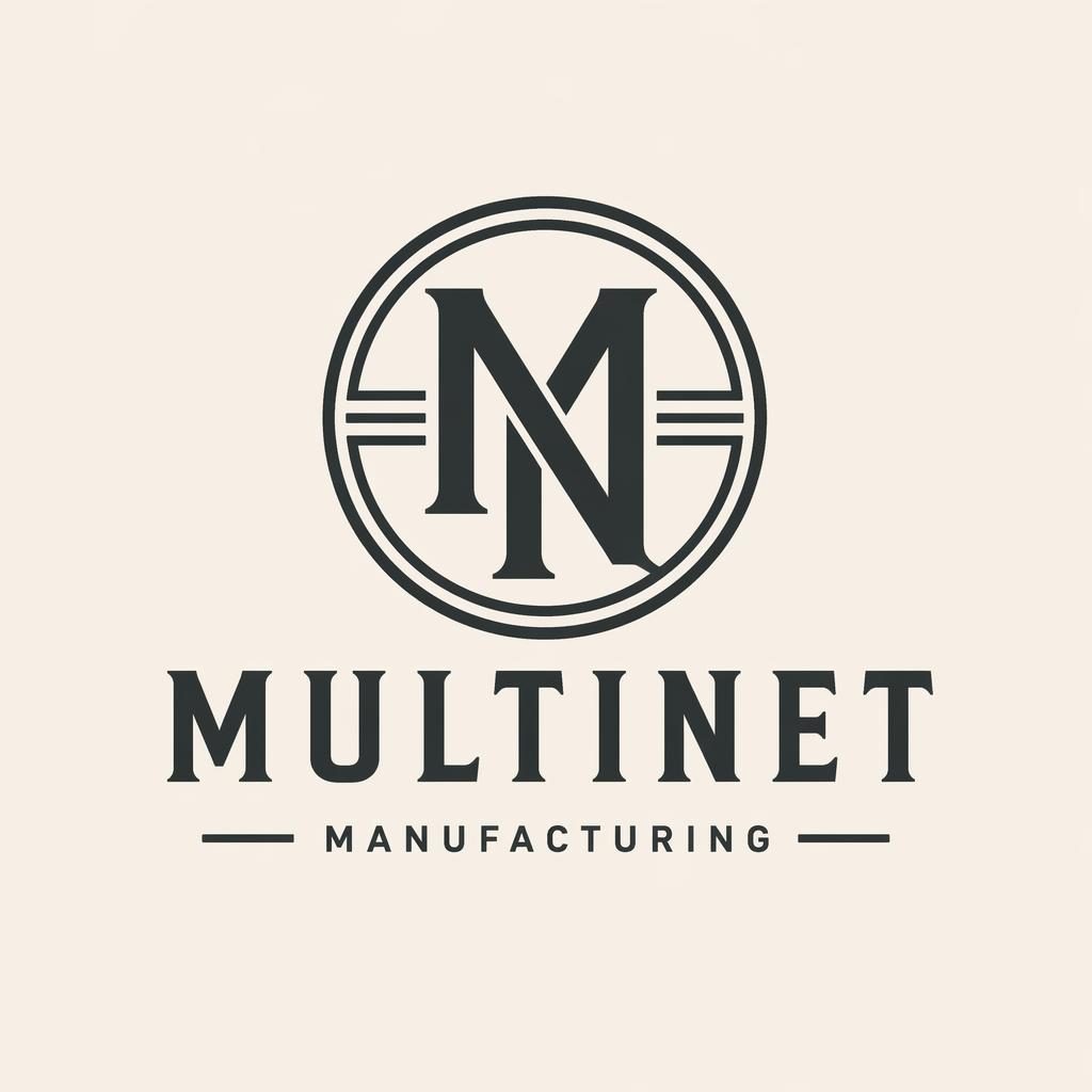 Centered vintage retro monogram logo for Multinet in elegant monochrome, with matching brand text on a neutral background.
