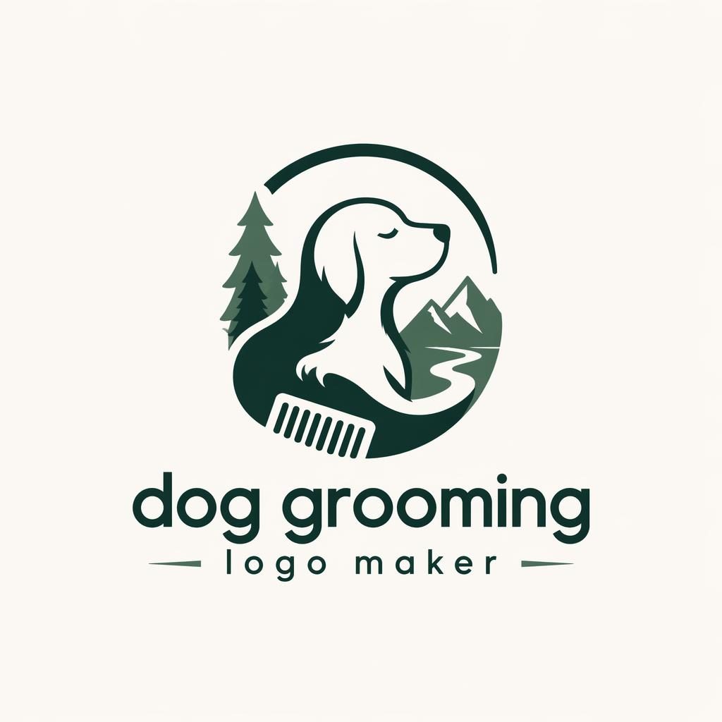 Modern minimalist abstract dog grooming logo in forest green with centered brand name on a neutral background