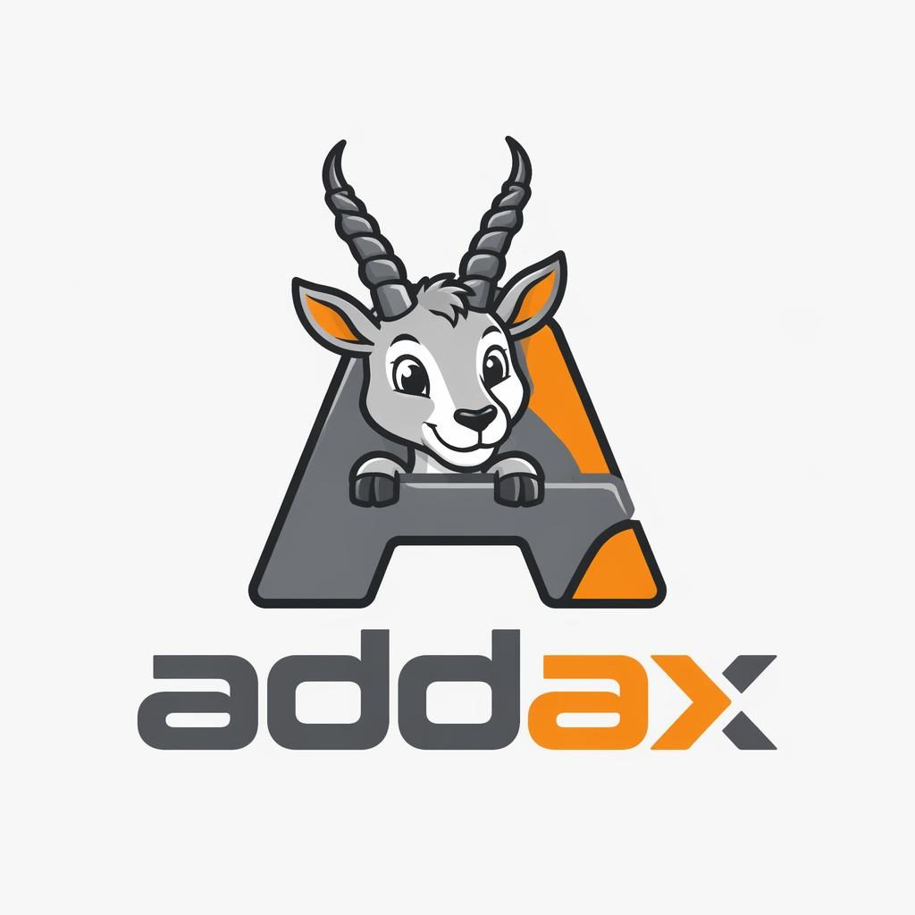 Centered addax logo lettermark in playful cartoon style, industrial gray and orange, on a neutral background.
