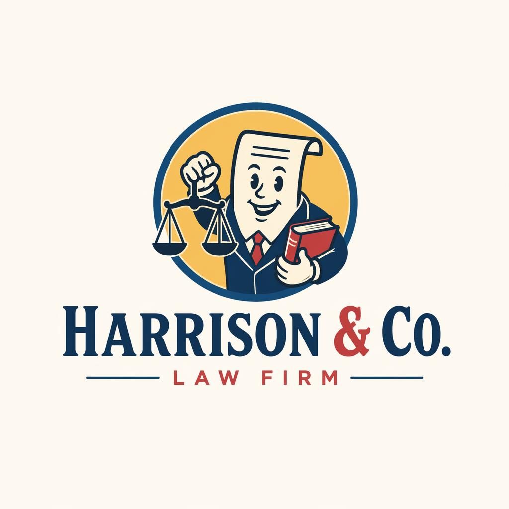 Vintage retro wordmark logo for law firm with a playful icon, primary colors, centered on a neutral background.