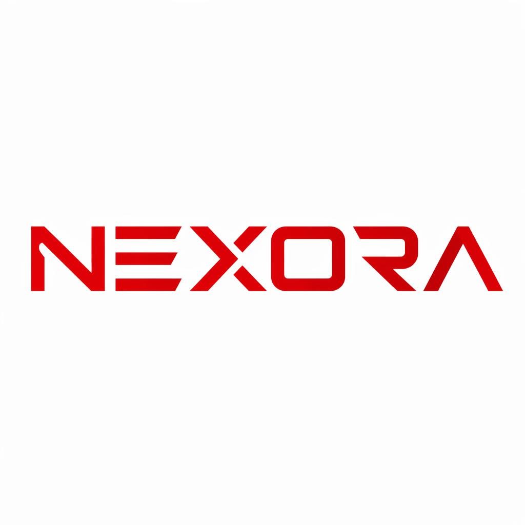 Centered red and white futuristic wordmark logo on a neutral background, clean vector style in a square format.