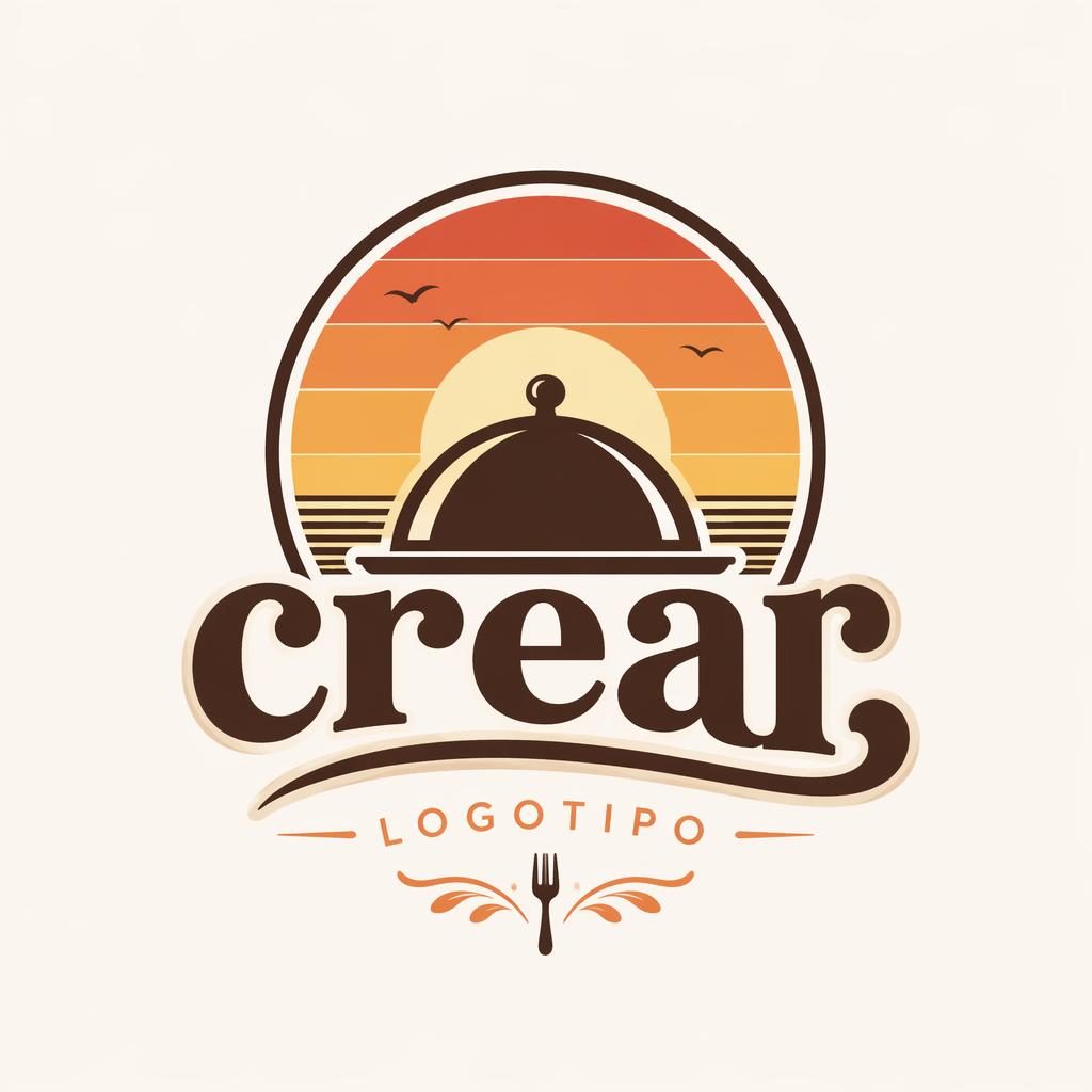 Logotipo cuadrado de restaurante con wordmark e icono, estilo vintage retro y degradado de atardecer sobre fondo neutro.