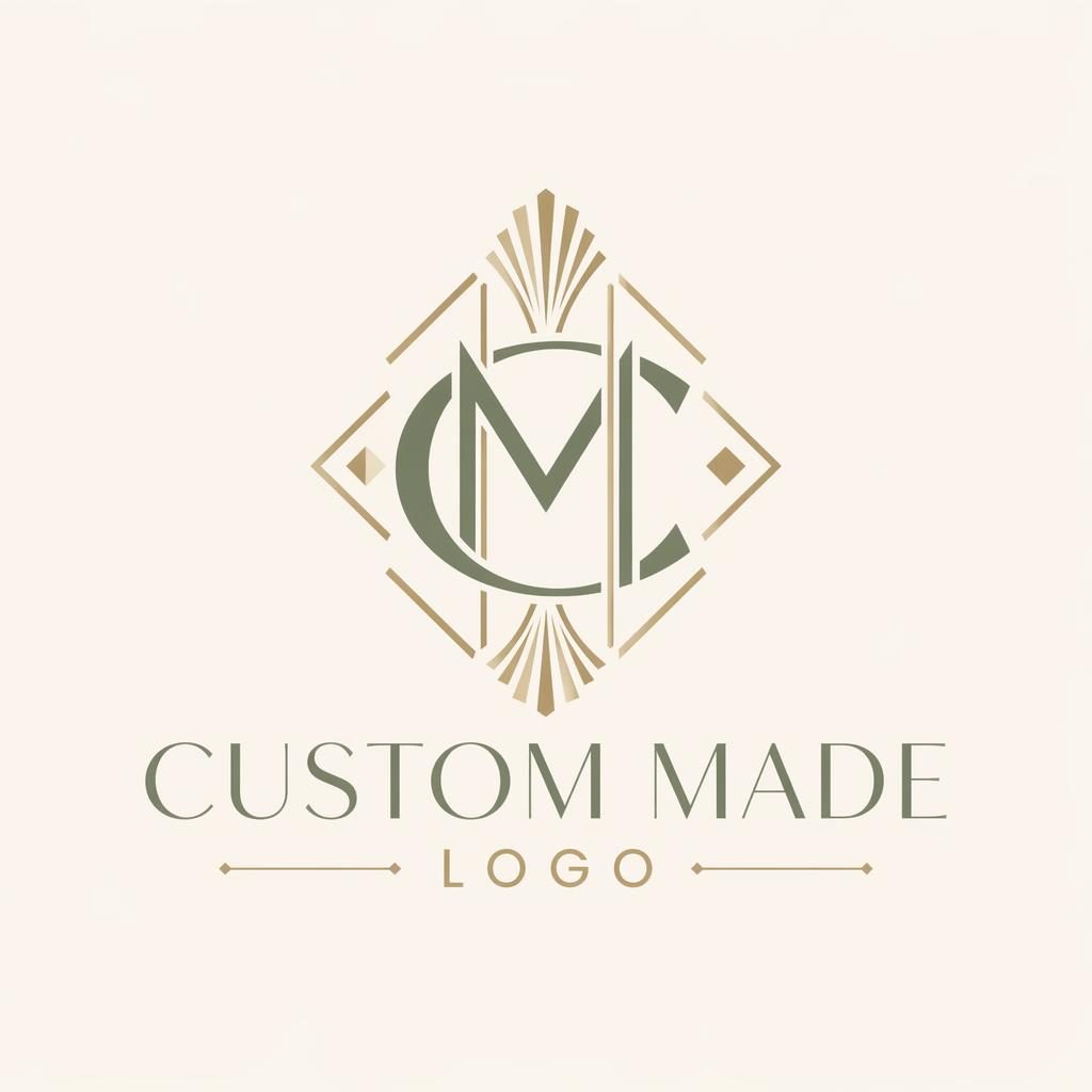 Abstract symbol logo for Custom Made Logo with sage and cream art deco styling on a neutral square background.