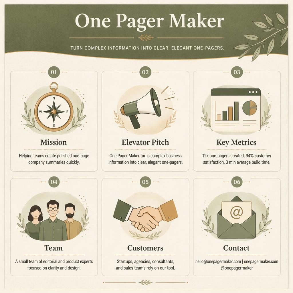 A4 portrait infographic titled One Pager Maker with six uniform cards, icons, English labels, sage and warm earth palette.
