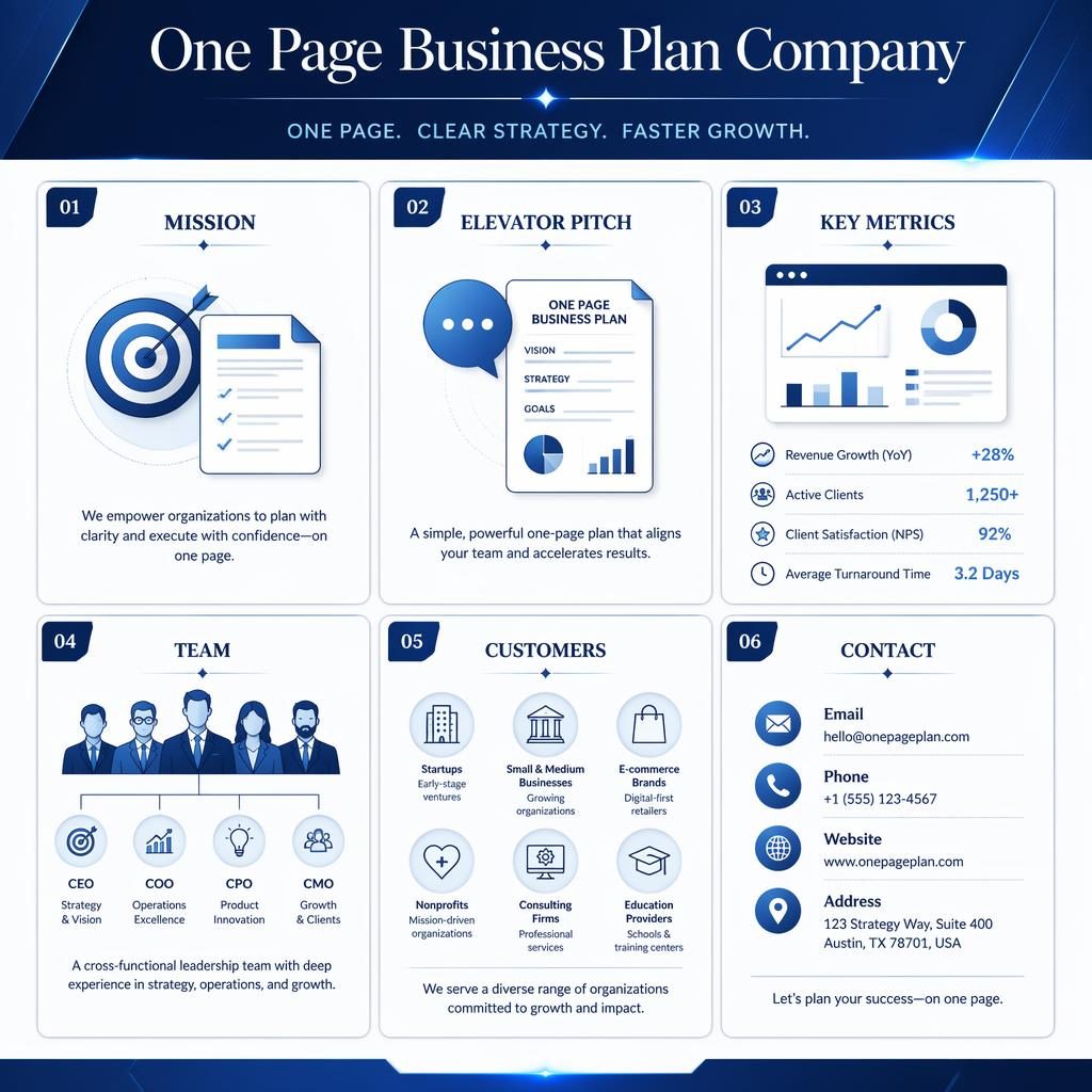 A4 portrait infographic with six business plan cards, blue luxury tech styling, icons, metrics, team, customers, and contact.