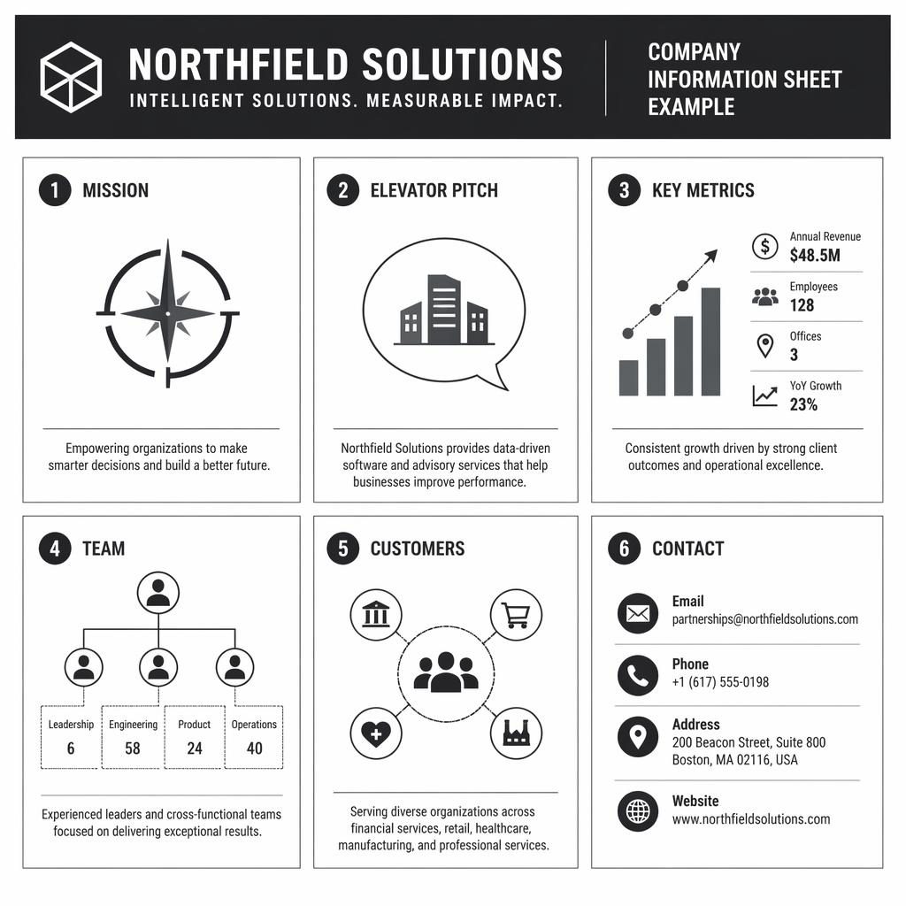 Monochrome A4 infographic with six uniform cards for mission, elevator pitch, metrics, team, customers, and contact.