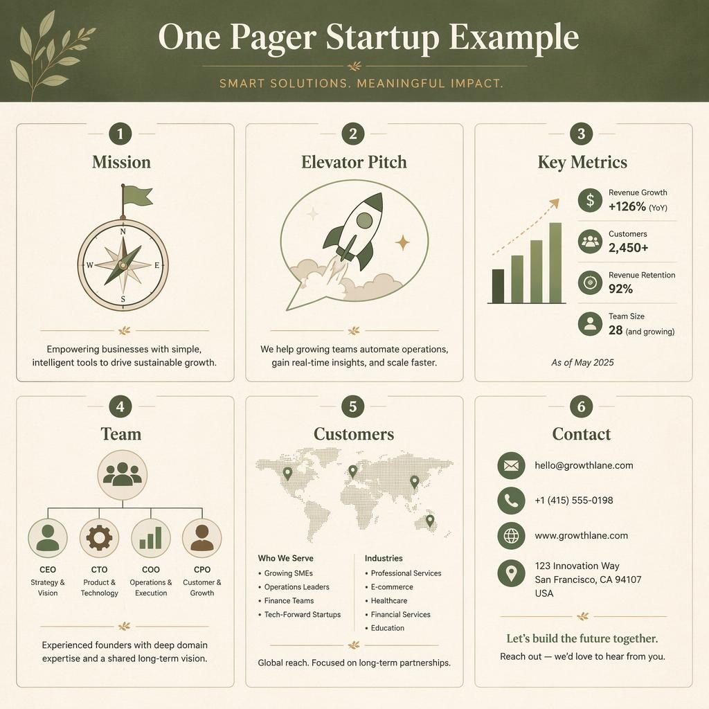 A4 portrait infographic with six uniform cards for mission, elevator pitch, key metrics, team, customers, and contact.