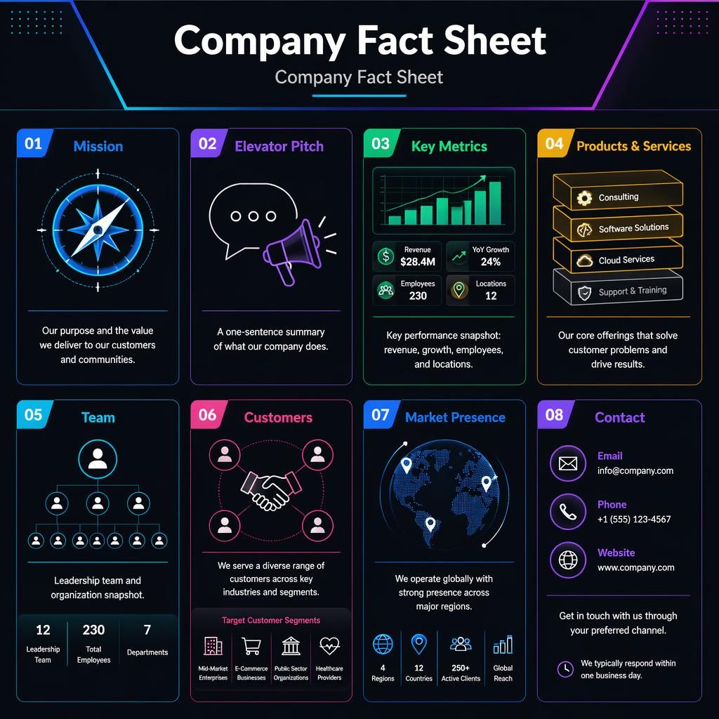 A4 portrait company fact sheet infographic with 8 dark-mode cards, neon accents, icons, metrics, and contact details.