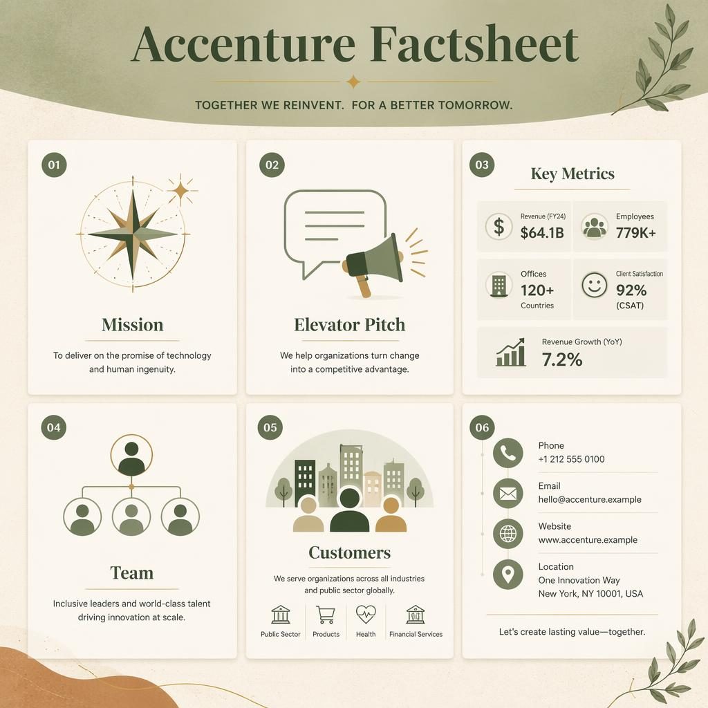A4 portrait Accenture factsheet poster with six uniform cards, sage and earth tones, icons, metrics, team, customers, and contact.