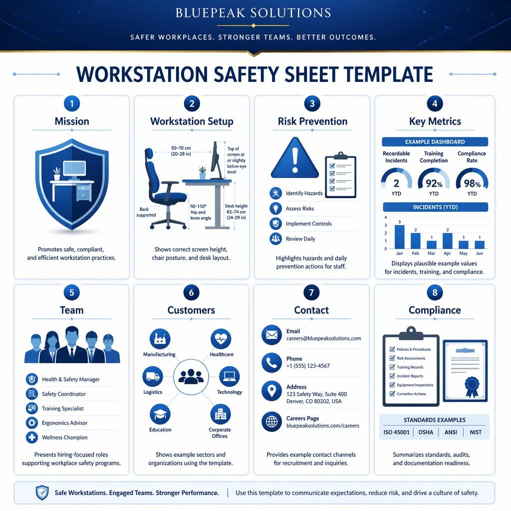 Infographie A4 en grille de 8 cartes bleues sur la sécurité au poste de travail, avec icônes, titres anglais et style premium.