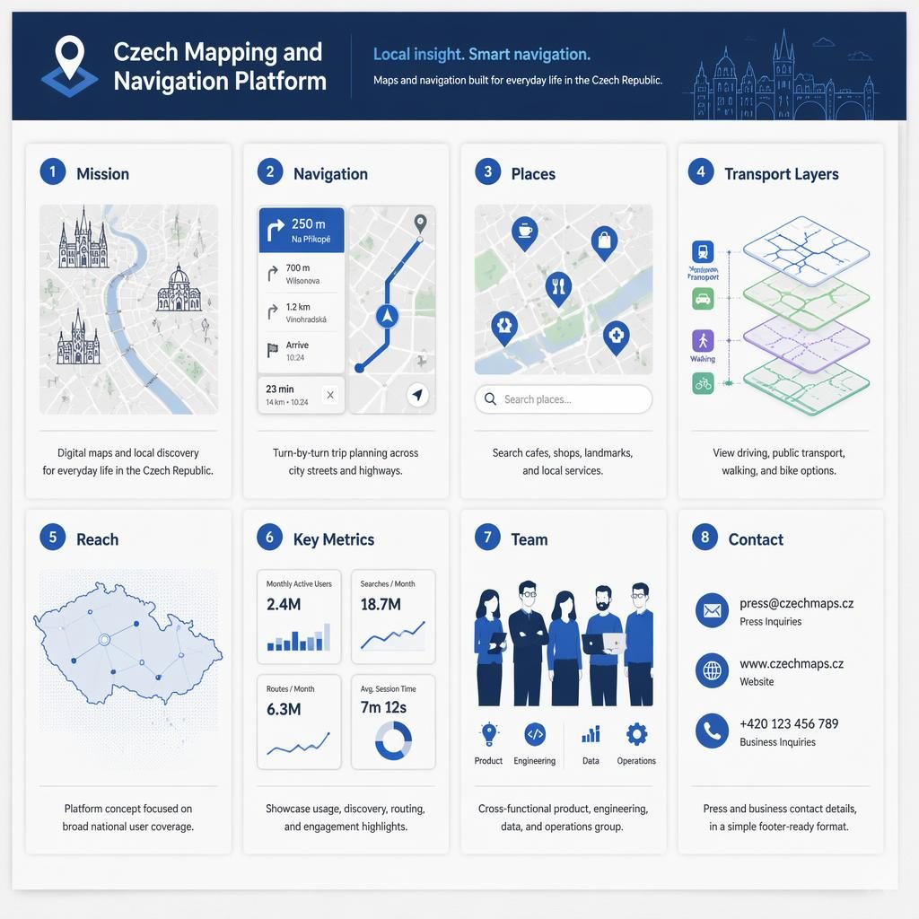 Infografika s 8 kartami v modré paletě, mapa Česka a Prahy, ikony navigace, dopravy, metrik, týmu a kontaktu.