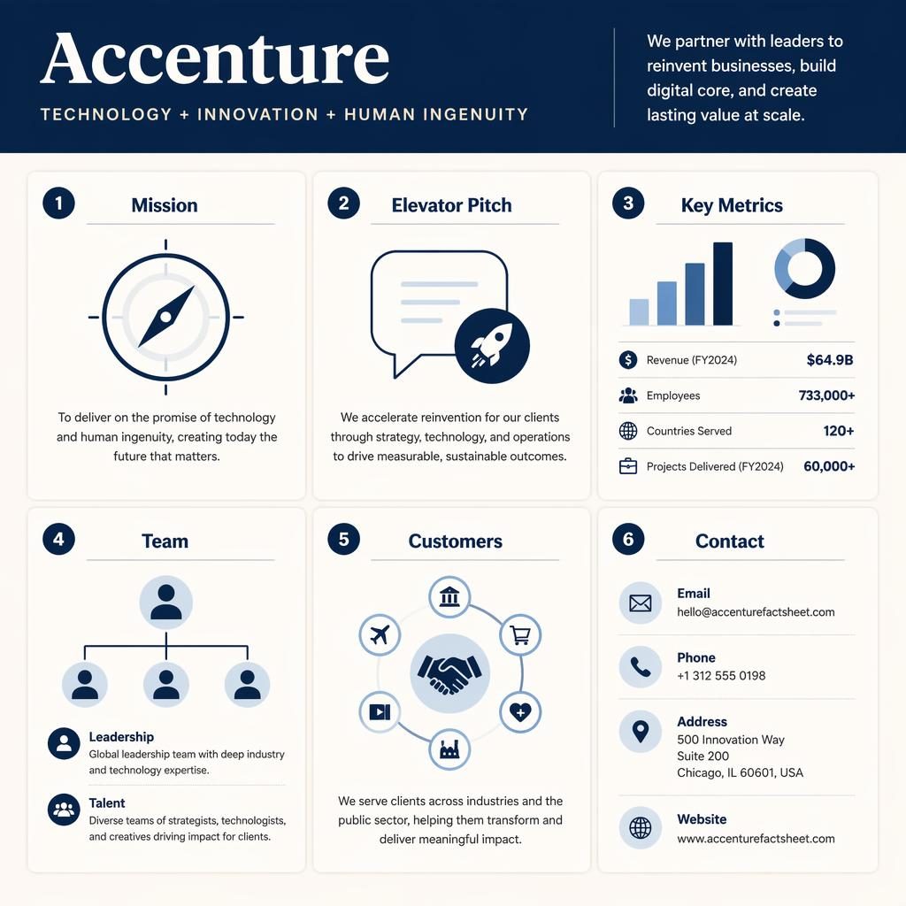 A4 portrait infographic with six navy and cream cards titled Accenture Factsheet, showing mission, pitch, metrics, team, customers, and contact.