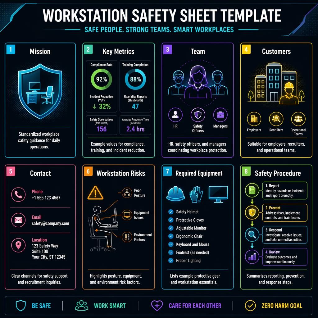 Infographie A4 en mode sombre avec 8 cartes uniformes sur la sécurité du poste de travail, icônes néon et en-tête corporate.
