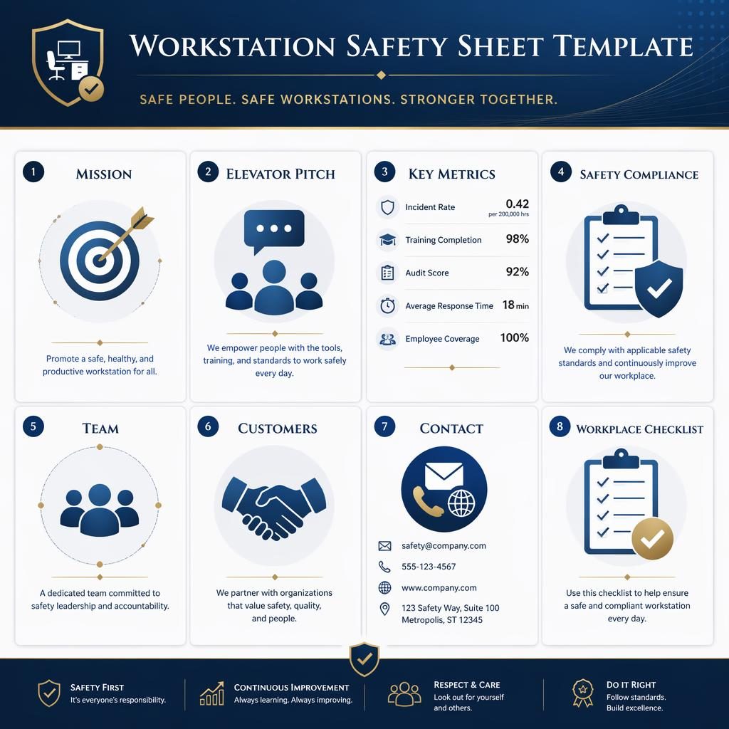 Infographie A4 en portrait avec 8 cartes uniformes bleues, en-tête raffiné et sections sécurité poste de travail en anglais.