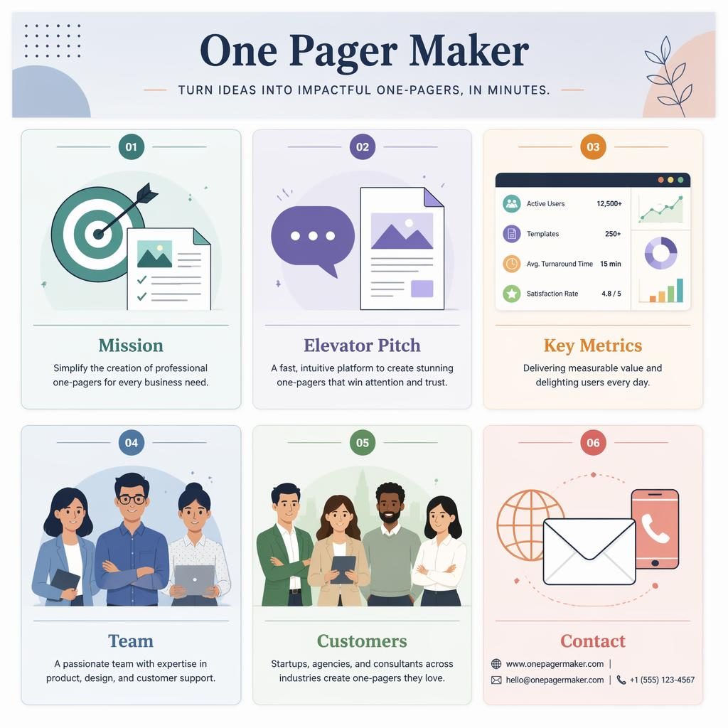 A4 portrait infographic titled One Pager Maker with six pastel cards for Mission, Elevator Pitch, Key Metrics, Team, Customers, and Contact.