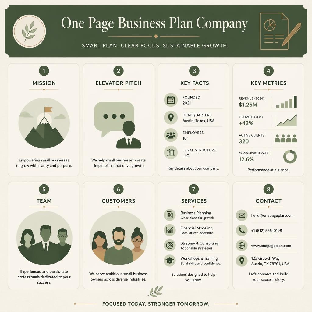 A4 portrait card grid infographic for one page business plan company with mission, metrics, team, customers, contact