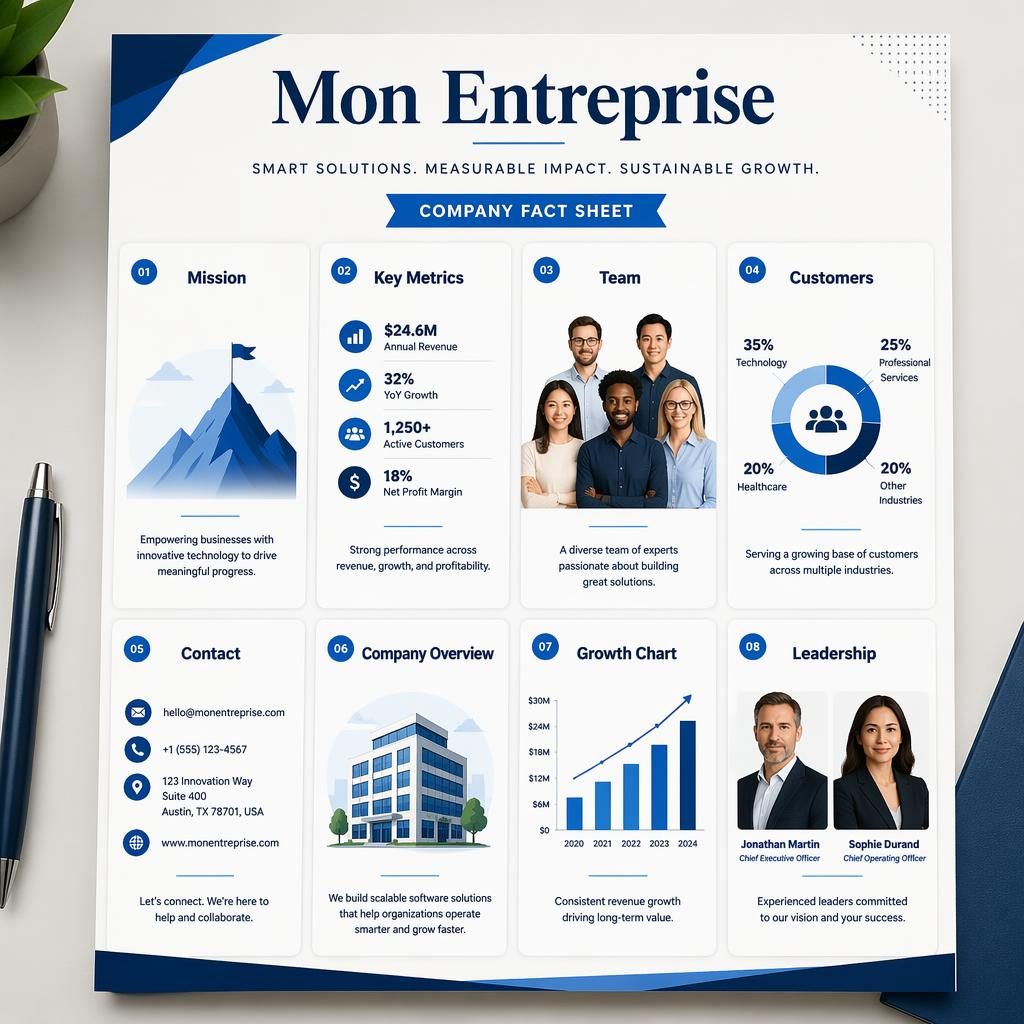 Infographie en grille de 8 cartes bleues pour Mon Entreprise, avec icônes, portraits corporate et textes anglais lisibles.