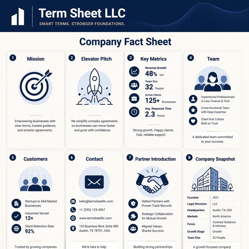 A4 portrait infographic for Term Sheet LLC with 8 navy and cream cards showing mission, metrics, team, customers, contact, and more.