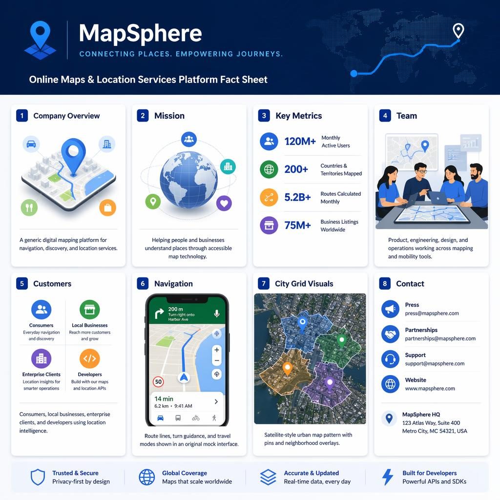 Infographie A4 en grille de 8 cartes bleues sur une plateforme fictive de cartographie et services de localisation.