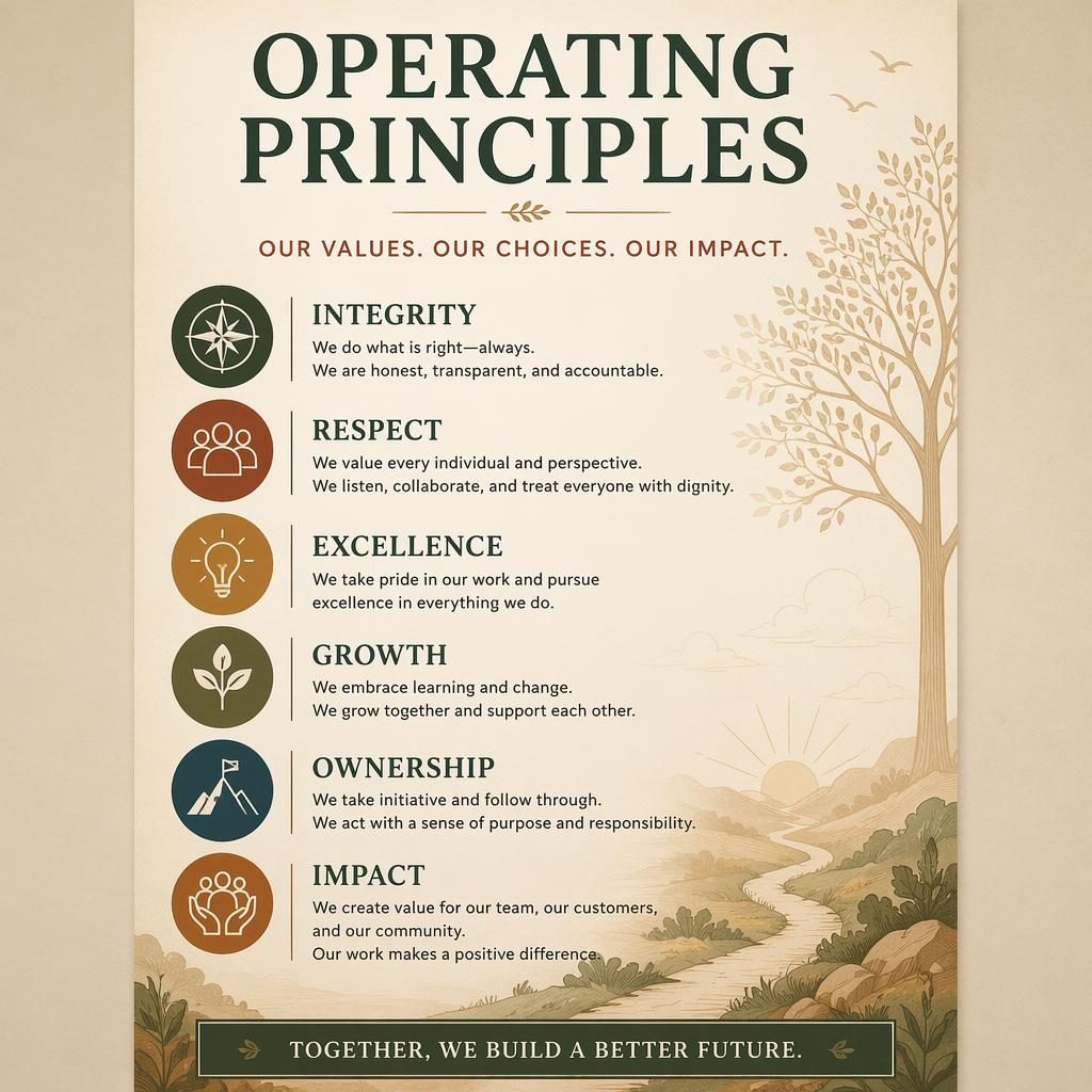 Portrait office wall poster in warm earth and cream tones with sharp typography, readable values, and subtle icons