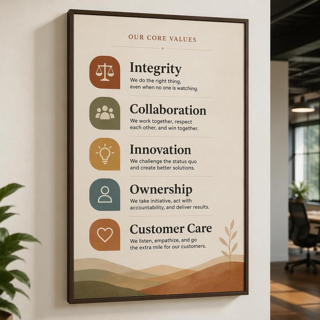 Ingelijste muur decoratie poster op een kantoorwand met de waarden Integrity, Collaboration, Innovation, Ownership en Customer Care.
