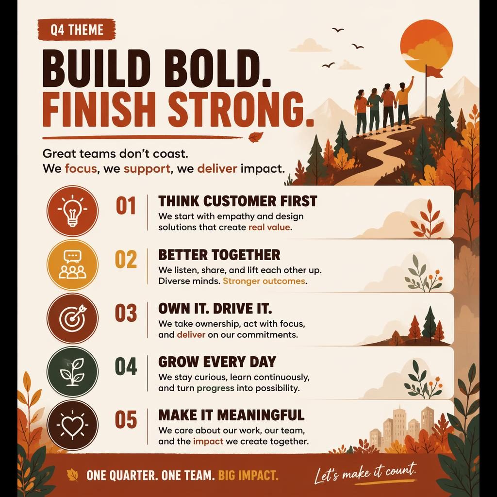 Portrait office-wall poster with sharp motivational quote typography, autumn rust palette, and subtle illustrated icons.