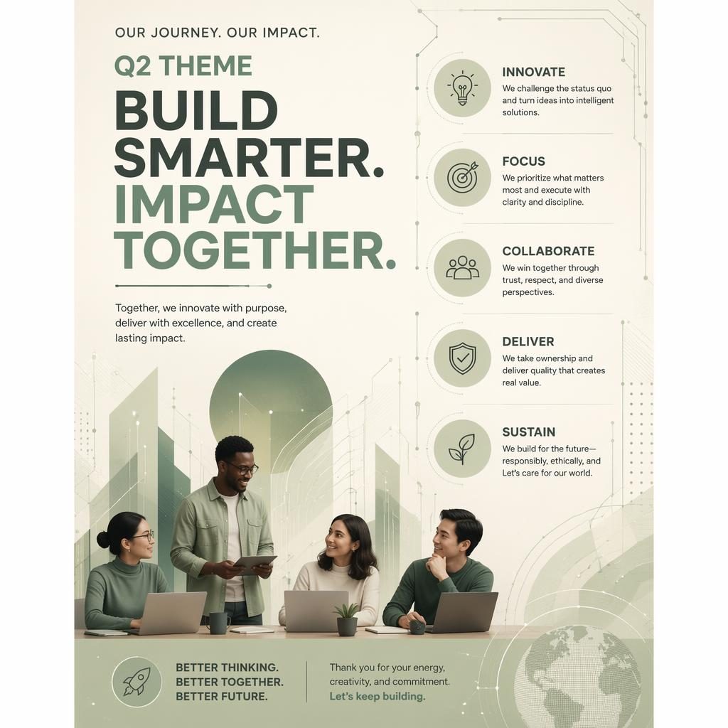 Portrait office-wall poster with sharp typography, sage and ivory palette, and subtle futuristic icons for quarterly office art.