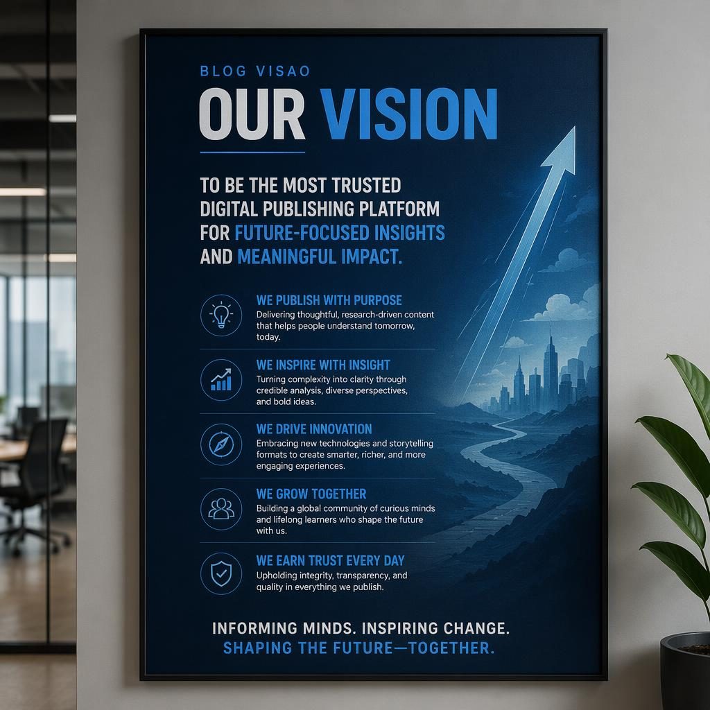 Poster vertical de visão blog visao em parede de escritório, com tipografia forte, tons de azul e ícones editoriais sutis.
