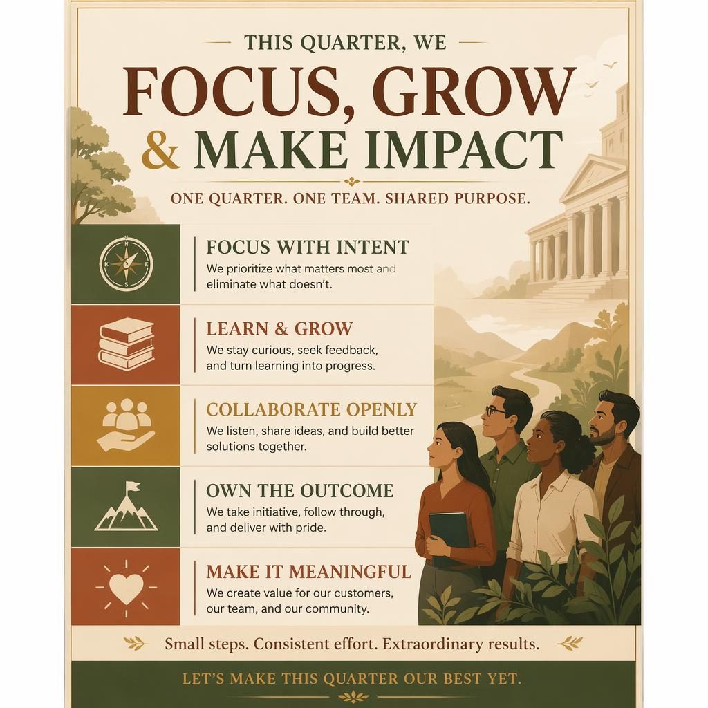 Portrait office wall poster with academic classic typography, warm earth and cream tones, and subtle illustrated icons.