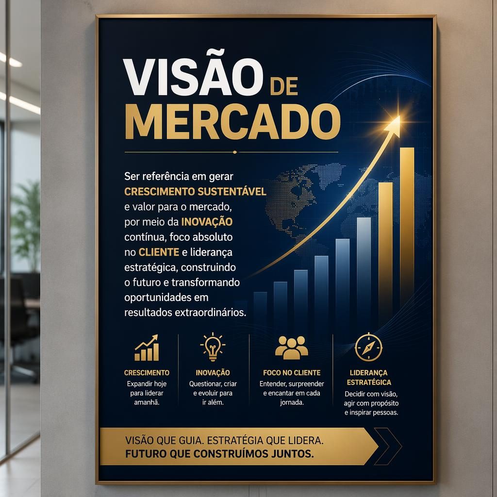 Mockup de pôster vertical MercadoVisão com título Visão de Mercado, tipografia azul-marinho e dourado e fundo com gráficos.