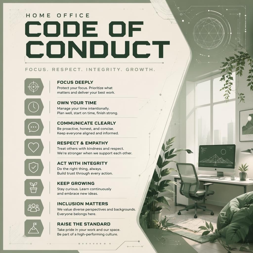 Portrait code of conduct poster with sharp typography, sage and ivory palette, and subtle futuristic tech icons.