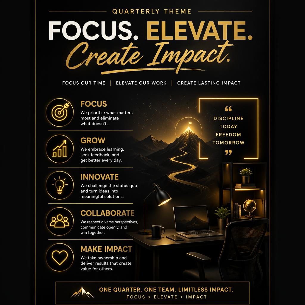 Portrait poster design for home office wall prints in black and gold with bold typography, neon accents, and subtle icons.