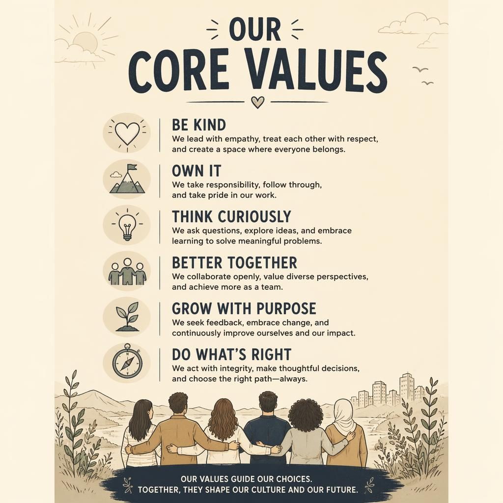 Portrait core values poster with sharp typography, warm hand-illustrated monochrome design, and subtle background icons.