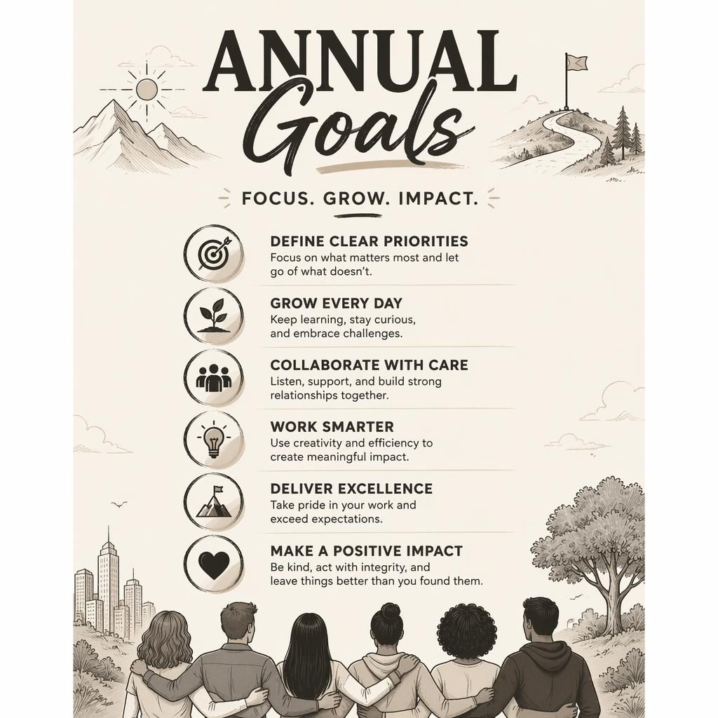 Portrait office-wall poster with annual goals layout, warm hand-illustrated monochrome style and subtle icon background